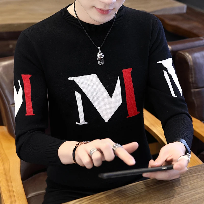 

Fall 2018 new men round collar turtleneck sweater letter youth sweaters render unlined upper garment of cultivate one's morality