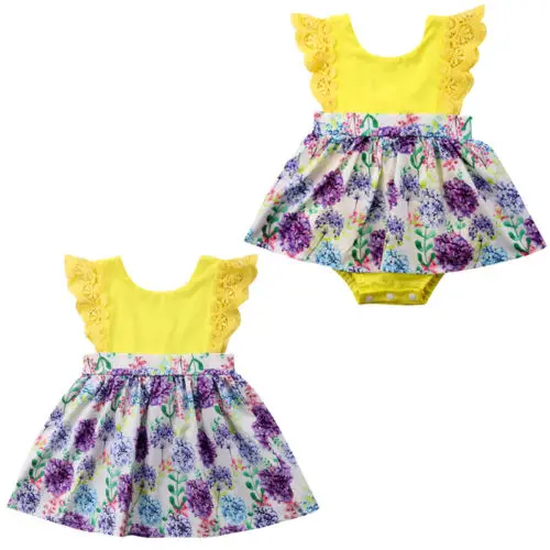 

2019 Toddler Kid Baby Girls Lace Flower Yellow Sister Match Romper Dress Outfits Clothes Family Matching Yellow Clothing Set New