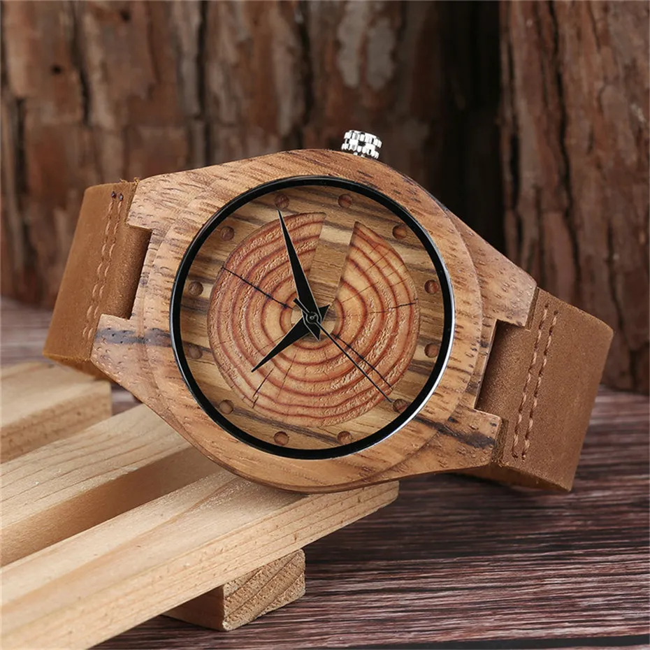 Creative Brown Bamboo Growth Ring Natural Handmade Men Quartz Wrist Wooden Watches Genuine Leather Band Sports Clock Gifts (14)