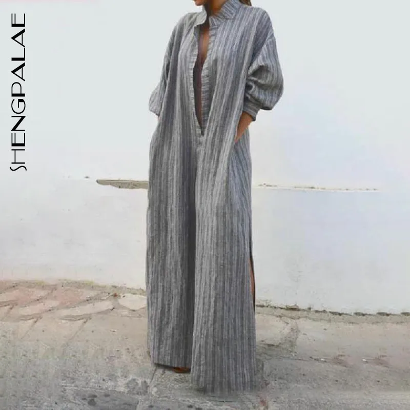

SHENGPALAE Bohemian Fashion Style Deep Stand Collar Long Sleeve Grey New 2019 Arrival Striped PLUS Size Loose Women Dress FN244