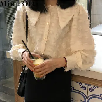 

Alien Kitty 2019 Women Shirts Elegant Vintage Spring New Lace Sweet Tops Loose Soft Solid Casual Simple Free Single Breasted