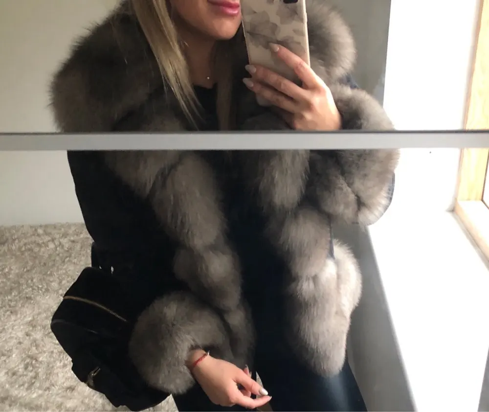 2018 spring real fox rabbit fur denim parka coat jacket jean high spring women natural fur coat thick lining warm fur parkas Coats