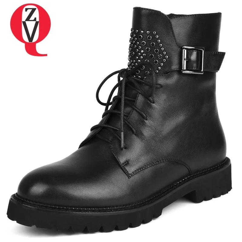 

ZVQ women shoes 2018 winter warm new fashion round toe med hoof heels platform rivet zip cross-tied genuine leather ankle boots