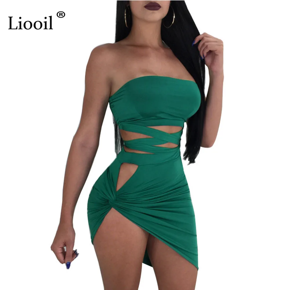 

Liooil Sexy Hollow Out Bandage Two Piece Women Mini Dress Off Shoulder Sleeveless Bodycon Black Backless Club Wear Party Dresses