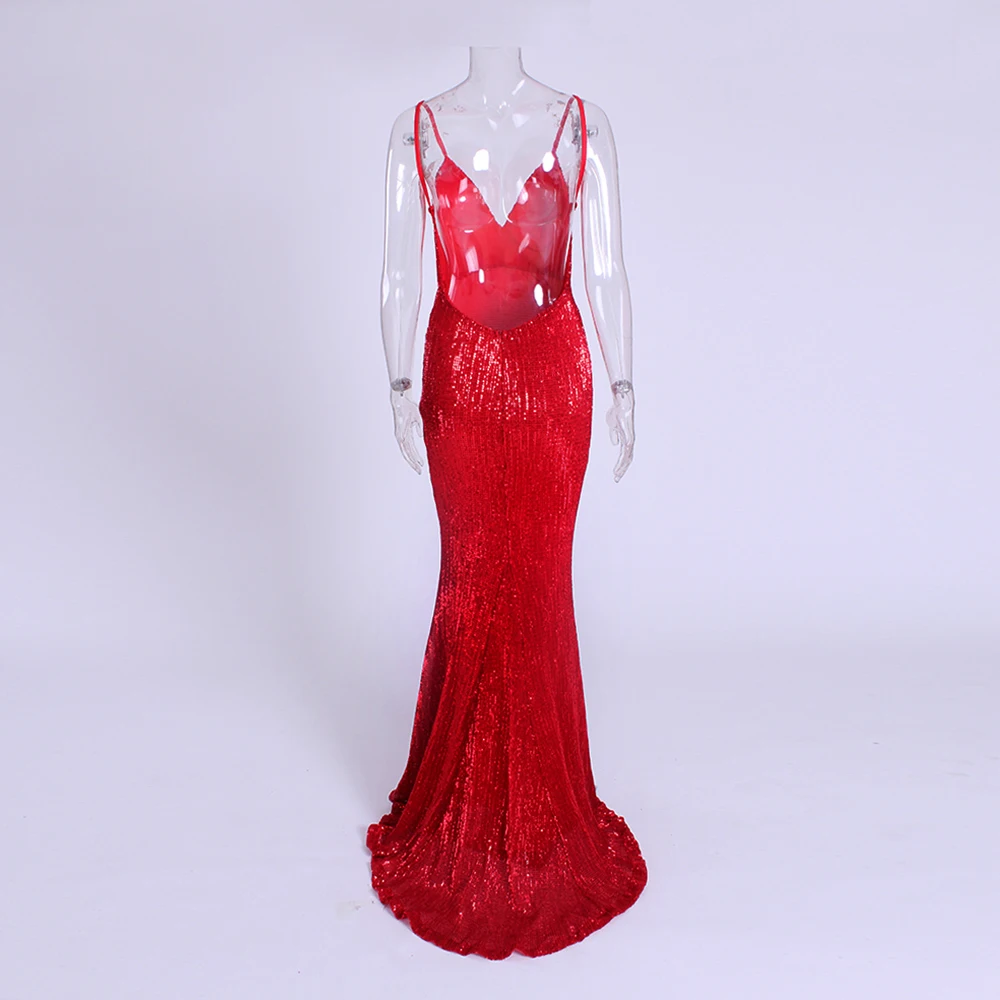 Sequin Hollow Out Padded V Neck Backless Floor Length Mermaid Dress