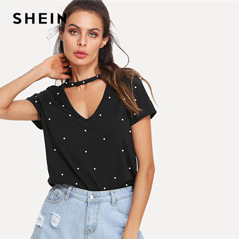 Shein الأسود اللؤلؤ الديكور المختنق الرقبة قصيرة الأكمام الخامس طوق القميص الصيف النساء weekend عارضة قمزة أعلى