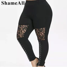 Леггинсы размера плюс на шнуровке с люверсами 4Xl 5Xl обтягивающие леггинсы женские брюки-карандаш брюки большого размера с кружевной вставкой черные леггинсы