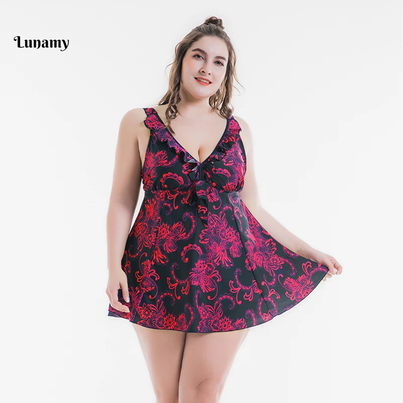 

58-66/4XL-8XL Big Size One Piece Swim Siamese Dress Style Beach Wear Women Swimsuit Pleated Lace Bathing Suit With Short Pants