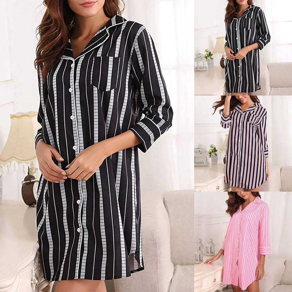

Women's Boyfriend Sleep Shirt Dress Striped Button Down Cotton Nightgown Pajama Dress Women Vestido Vestidos De Fiesta