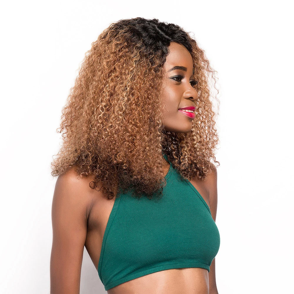 Ombre Brown Color Afro Kinky Curly Human Hair Wigs X-TRESS Brazilian U Part Lace Wig For Black Women 100% Remy Short Hair Wig