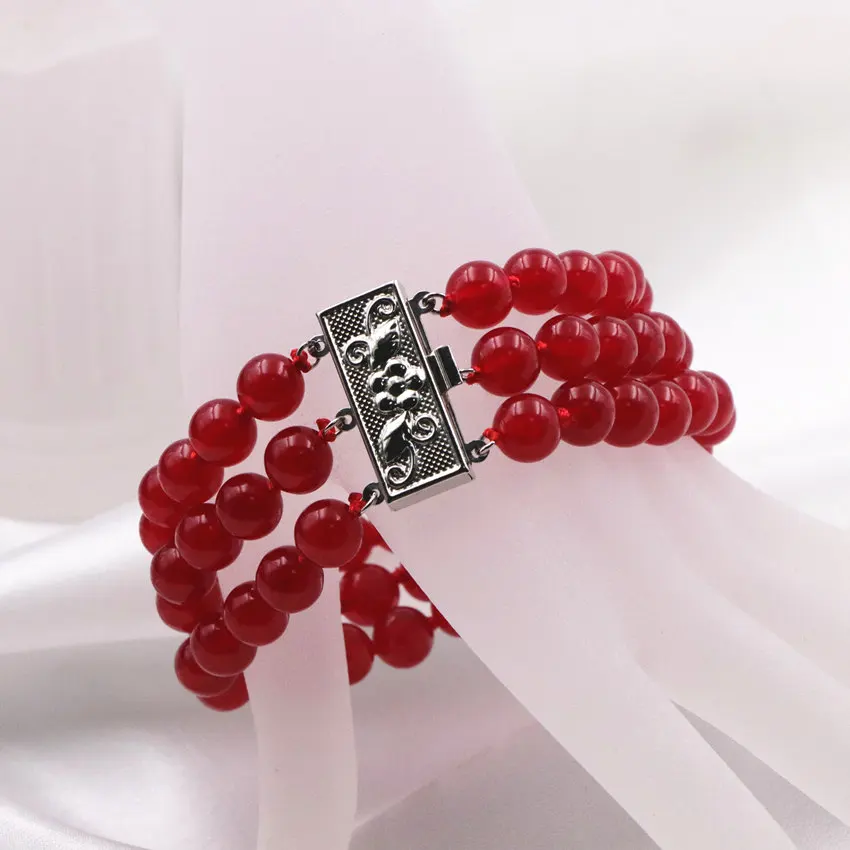 

3 Rows of Natural Classical Chinese Red Rubys Chalcedony Round Beads 8mm Bracelet Lady Jewelry 7.5 Inches Y28