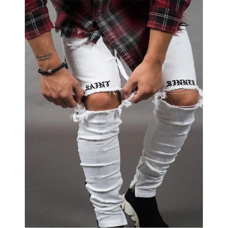 Стиль, мужские эластичные рваные джинсы, обтягивающие мужские рваные узкие джинсы с дырками, белые джинсовые штаны