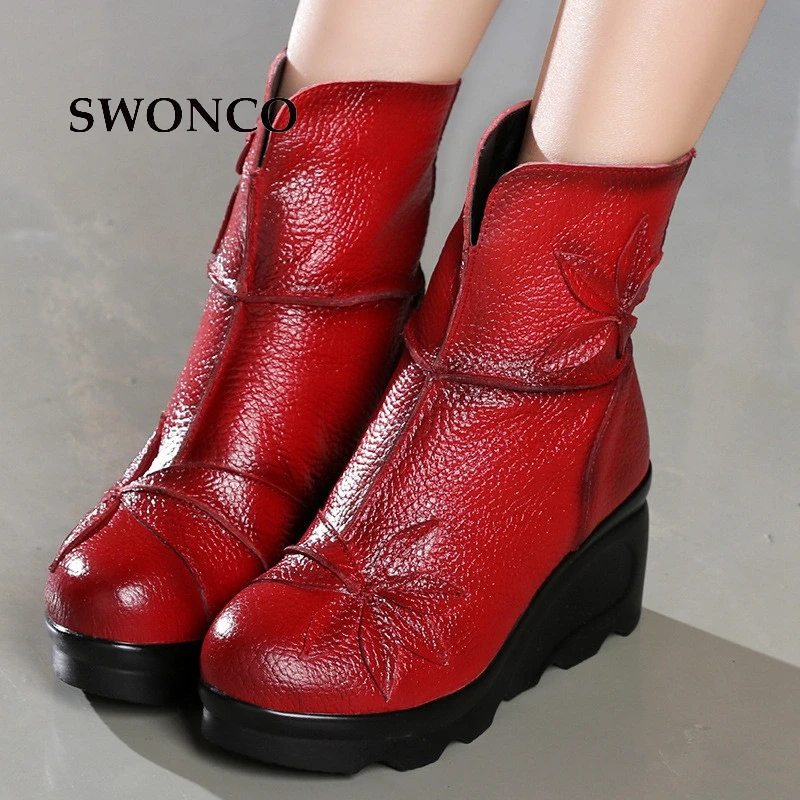 

SWONCO Women's Ankle Boot 2018 Genuine Leather Retro Mother Shoes Winter Boots Ankle Boots For Women High Heels Woman Boot