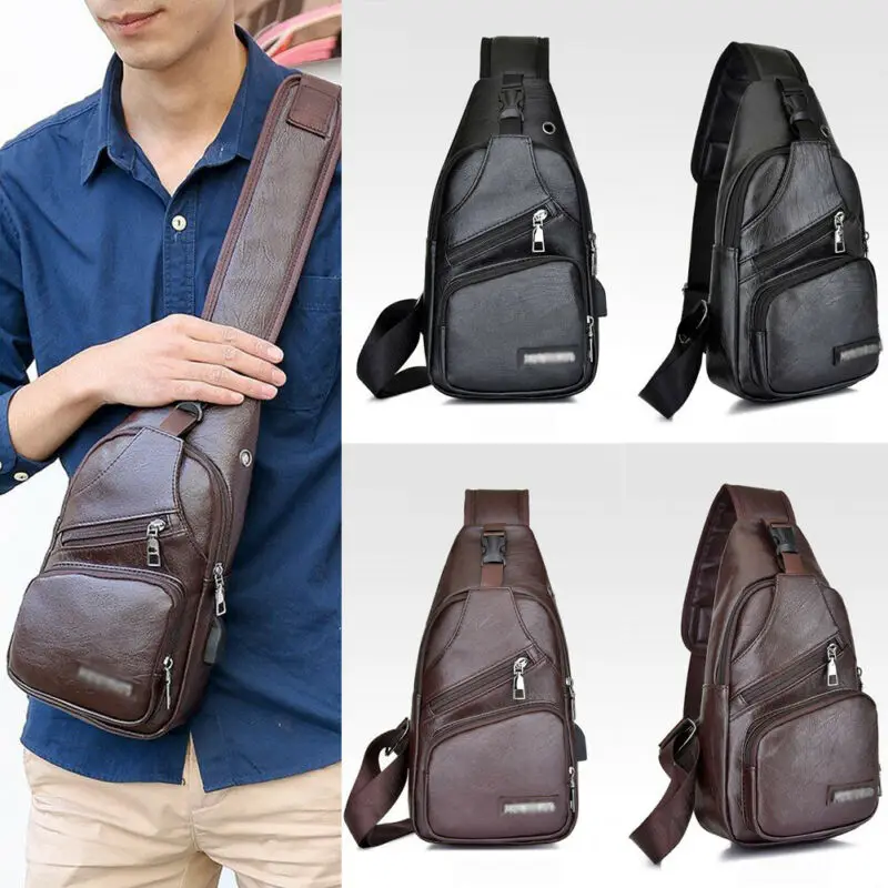 Men's PU Shoulder Sling Chest Pack USB Charging Sports Fashion Anti Theft Chest USB Charging School Short Trip Messengers Bags