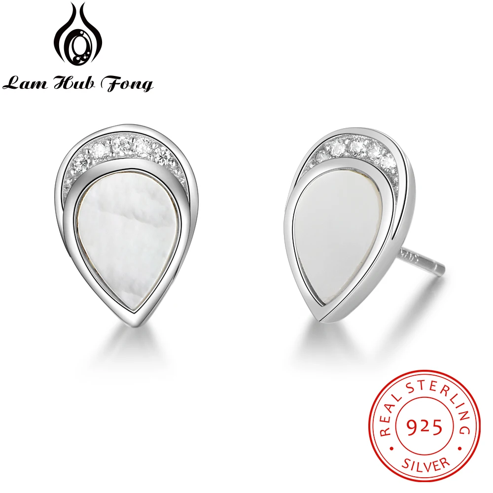 

925 Sterling Silver Water Drop Shape Mother of Pearl Shell Earrings With Zirconia Elegant Women Stud Earrings Gift(Lam Hub Fong)