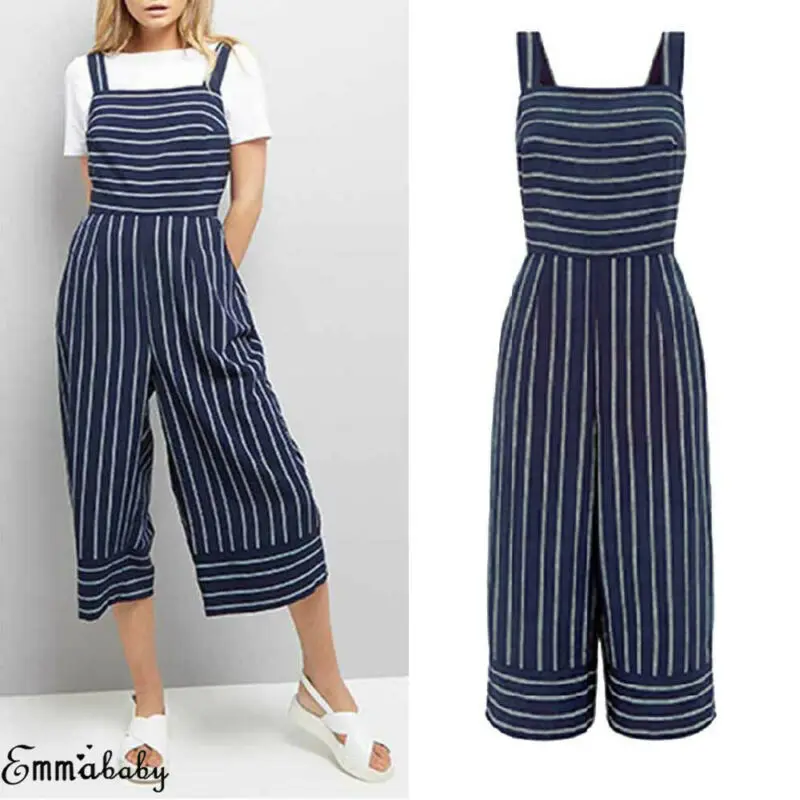 

Summer Autumn Casual Women Stripe Wide Leg Long Playsuit Ladies Overall Jumpsuit Trousers Plus Size Jumpsuits