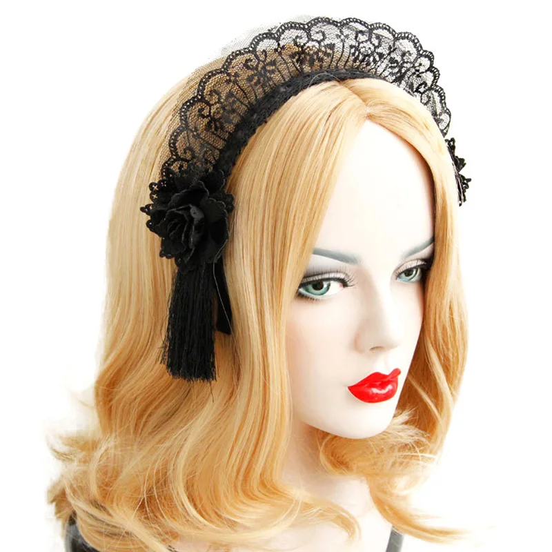 

Headbands for Women Girl Gothic Black Lace Flower Tassel Maid Cosplay Costume Ball Wreath Hairband Hair Band Hoop Accessories