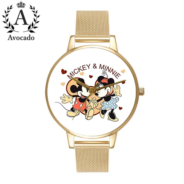 Avocado Mickey& Minnie Cartoon Watches Gold Mesh Belt Kids Watch For Women Female Ladies Students Girl Clock Gift - Цвет: 2