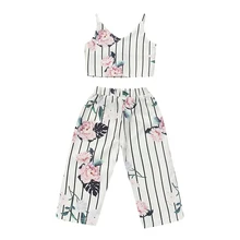 Жилет с цветочным принтом для маленьких девочек, футболка, топы, длинные штаны, летняя одежда