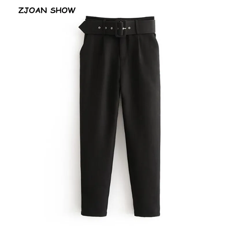

Retro Black Solid Color Pencil Pants With Belt New 2018 Casual Woman Buckle Sashes waist Full length Trousers Femme Slim Pants
