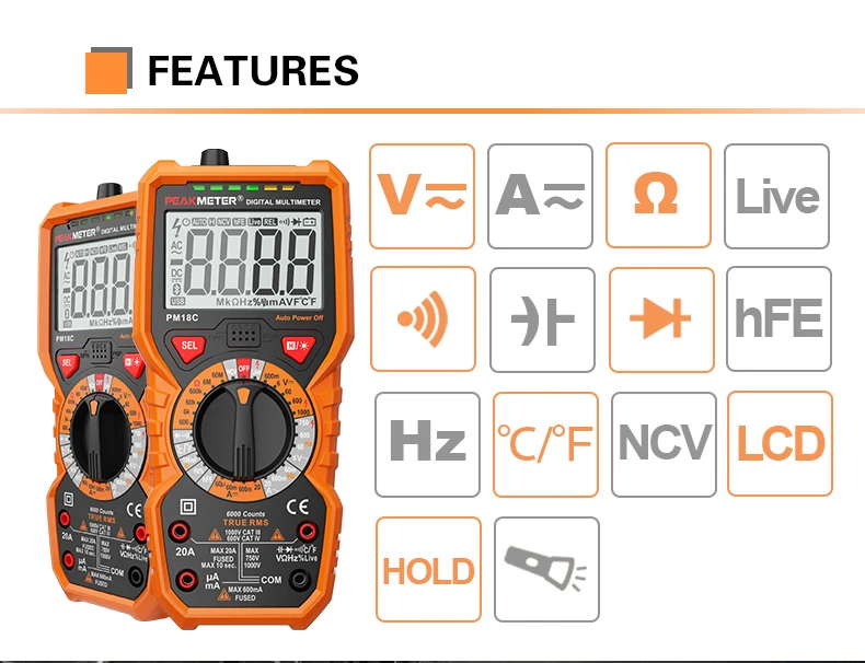 PEAKMETER PM18C цифровой мультиметр с истинным RMS AC/DC сопротивление напряжения Емкость Частота Температура NCV тестер