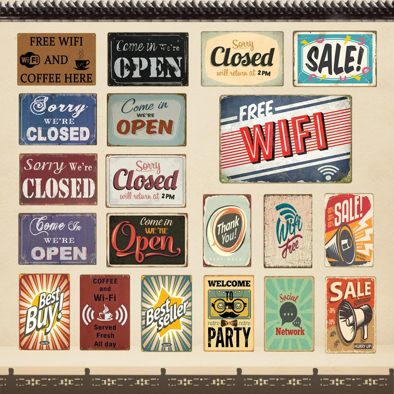 

Welcom To The Party Decor Free Wifi and Coffee Metal Poster Closed Open Sale Art Print Advertising Board Vintage Tin Signs YD041