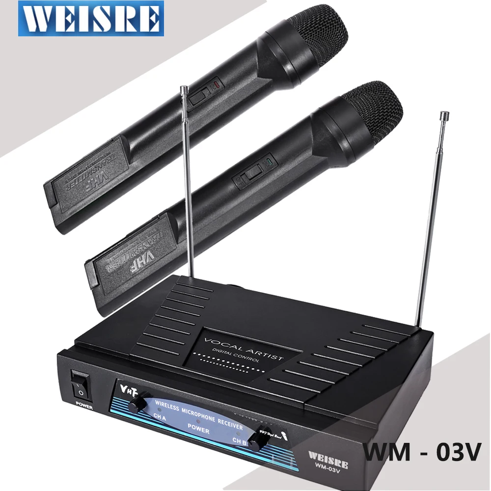 

Hot sale WEISRE WM 03V Professional Dual channel Karaoke Wireless Handheld VHF Transmitter Microphone Set For Party Bar Speech