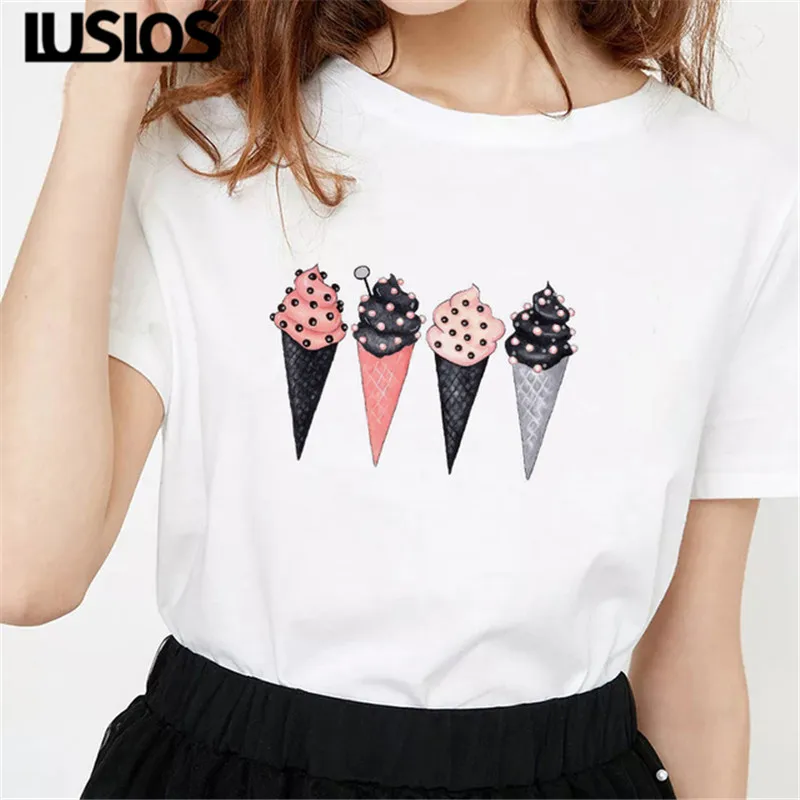

LUS LOS Summer Cotton O-Neck T-Shirts Ice Cream&High Heels&Lipstick Printed Ulzzang Style T-shirt Hipster Casual Cotton Tee Tops