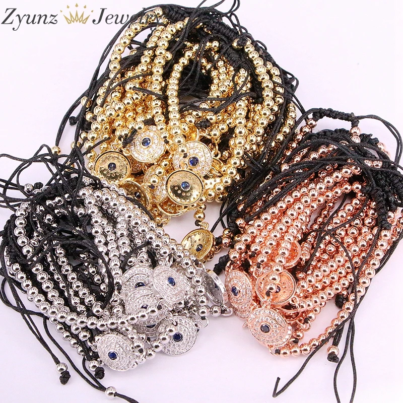 

10PCS, Eye Bracelets, Micro Pave Black CZ Round Eye Beads Braided Macrame Mens Bracelets & Bangles