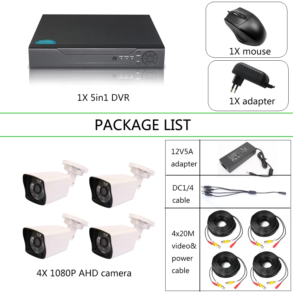 Yispo 4CH 5в1 1080N DVR CCTV безопасности 1080 P 2MP цилиндрическая камера 4 шт. HD коаксиальный CCTV Vedio комплект видеонаблюдения водонепроницаемый