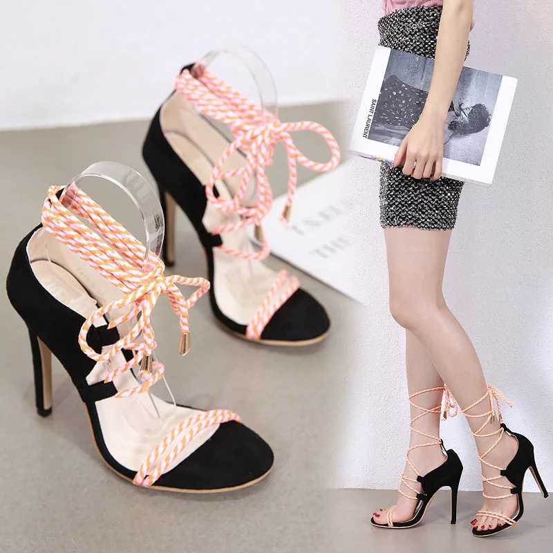 

Multicolored Sandals 2019 Women's Strappy Heels Female Shoe Velvet Shoes Cross Cross-shoes Open Toe Sale Lace Up Sandals