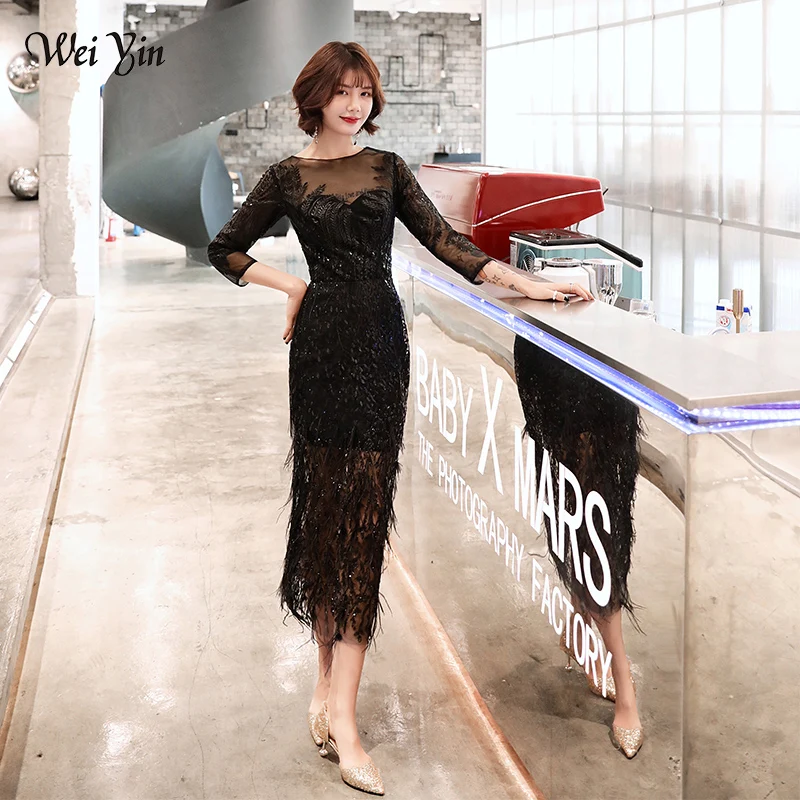

wei yin New Style Tea-length Black Gray Evening Dresses 2019 Feathers Formal Prom Gowns A-Line Fashion Black Evening Gown WY1676