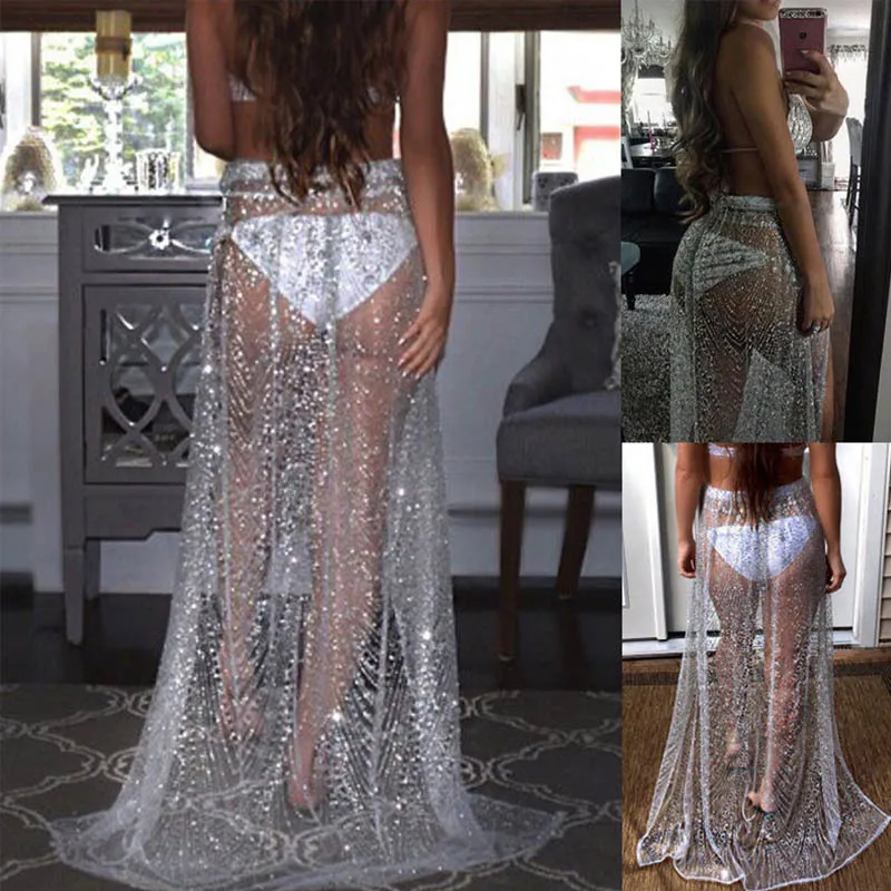 

2019 Summer Beachwear Women Boho Long Transparent Skirt Silver Sequin Skirt polka dot Loose Sexy Party see through Mesh Skirts