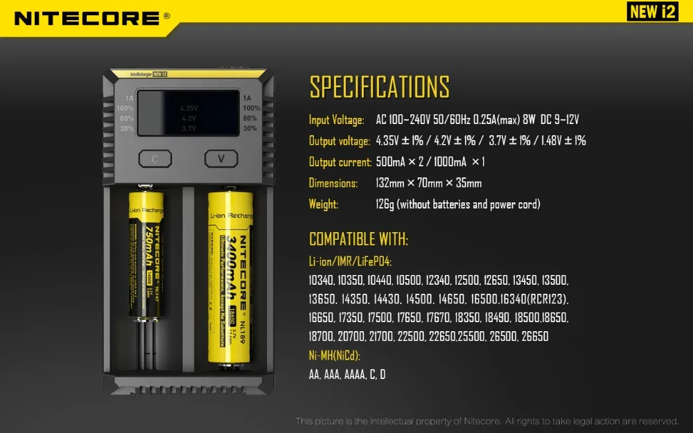 Vapcell 2 шт. INR 18650 3600 мАч 35A литий-ионный перезаряжаемые батарея с Nitecore Новый I2 Digi зарядное устройство ЖК-дисплей Intelligent для дым E-CIG