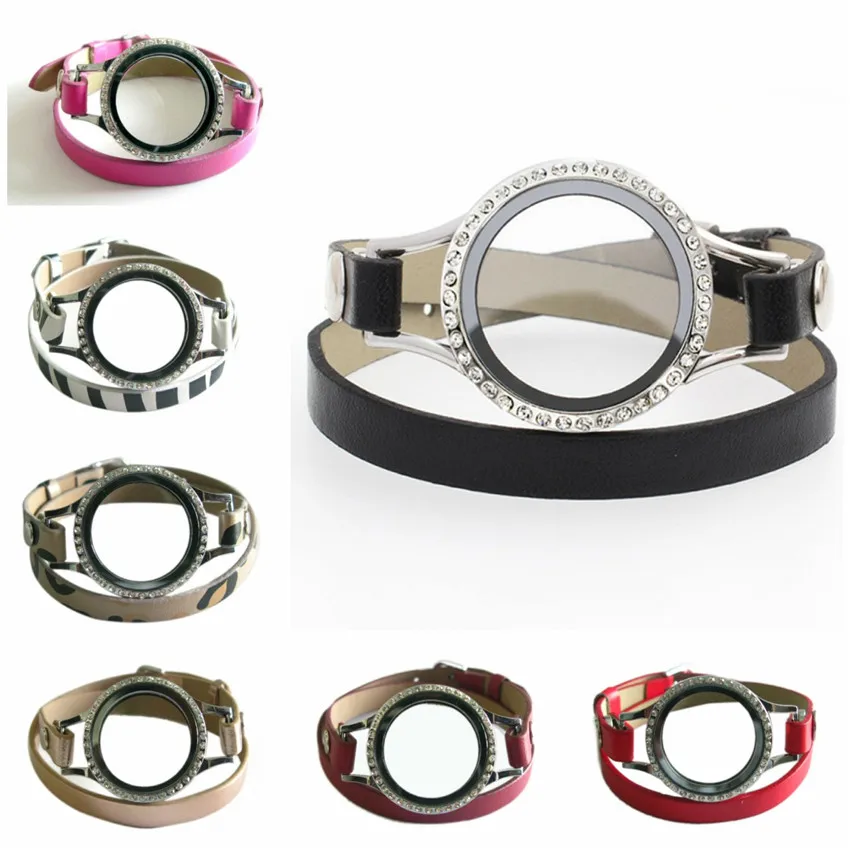 

1pc 30mm Magnet Rhinestone Floating Locket Copy Stainless Steel locket PU Leather Wrap Wristband Bracelets With 10pcs Charms