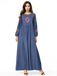 Повседневное Платье макси с вышивкой Абаи джинсы плюс Размеры кимоно Винтаж длинный халат платья качели Рамадан мусульманское исламское