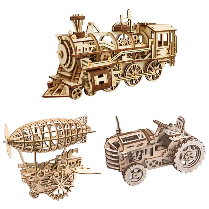 

DIY Clockwork Gear Drive Locomotive Tractor Moveable Airship Trains 3D Wooden Model Building Kits Toys Hobbies Gift for Children