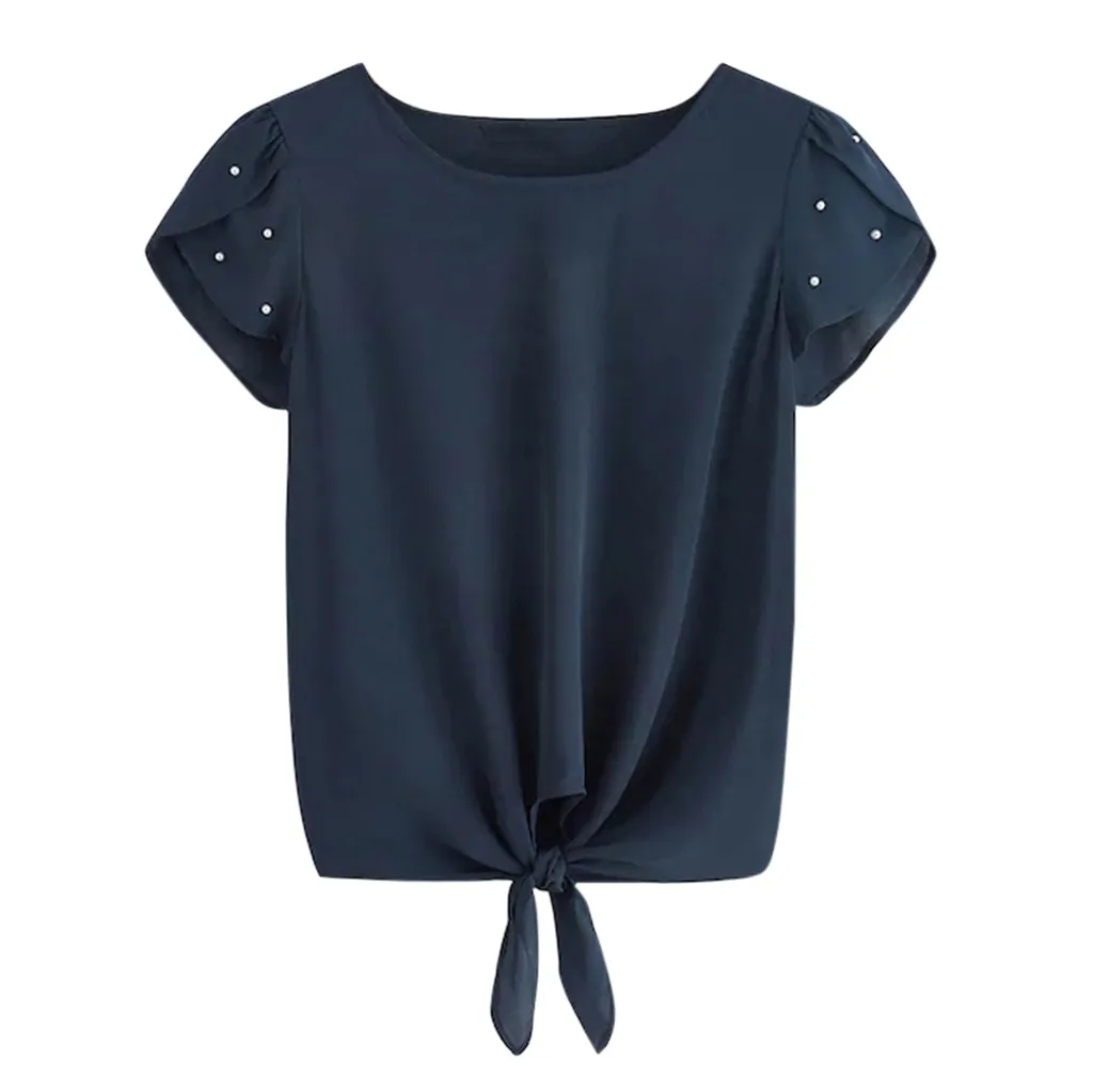 

JAYCONSIN Blouses Women Summer Solid Beadings Petal Short Sleeve camisas mujer Loose Top blusas mujer de moda 2019 9325