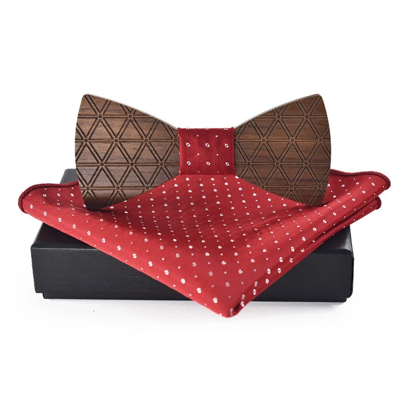  Fashion Wooden Bowtie Handkerchief Set Wedding Business Wood Bowknots Bow Tie for Mens Plaid Printe