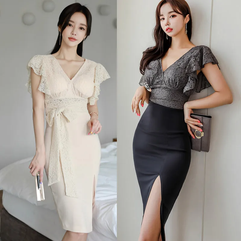 

Women Summer New Korean Temperament Solid V-Neck ButterFly Sleeve Lace-up Backless Package Hip Chiffon Sexy Party Dress Vestidos
