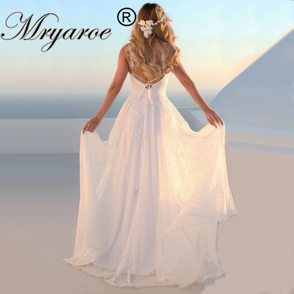 

Mryarce 2019 Sexy V Neck Lace Beach Wedding Dress Lace Straps Stylish Open Back Bridal Gowns