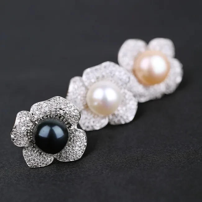 

Elegant Natural Freshwater Pearl Adjustable Ring In 925 Sterling Silver Rhinestone zircon Princess Birthstone flower Gift