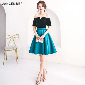 

JANCEMBER 2019 Latest Cocktail Dress Satin Illusion Off The Shoulder Short Sleeve Lace Up Back Simple Elegant vestidos social