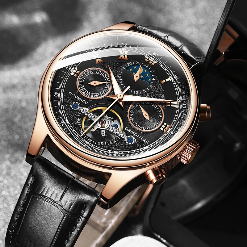 Мужские механические часы Tourbillon, роскошные модные брендовые кожаные мужские спортивные часы, мужские автоматические часы, мужские часы grmontre