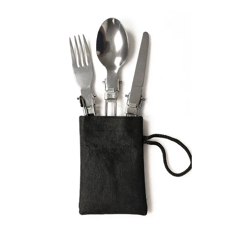 

Outdoor camping portable folding spoon stainless steel folding knife and fork spoon picnic three pieces set with black