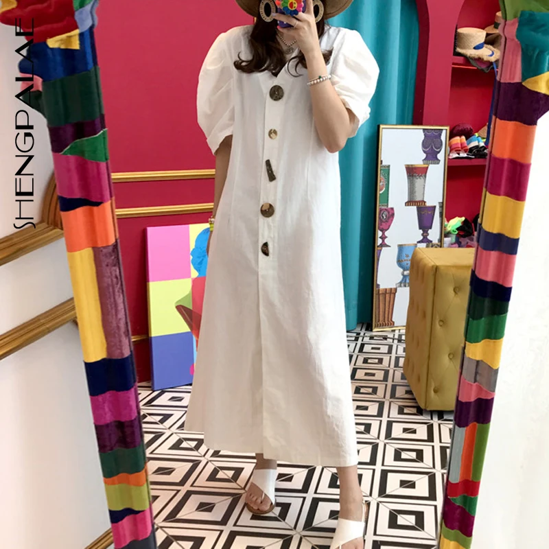 

SHENGPALAE Summer Spring 2019 Korean Chic Ankle-length Personality Buttons V-neck Button Puff Sleeve Loose Women Dress FQ436