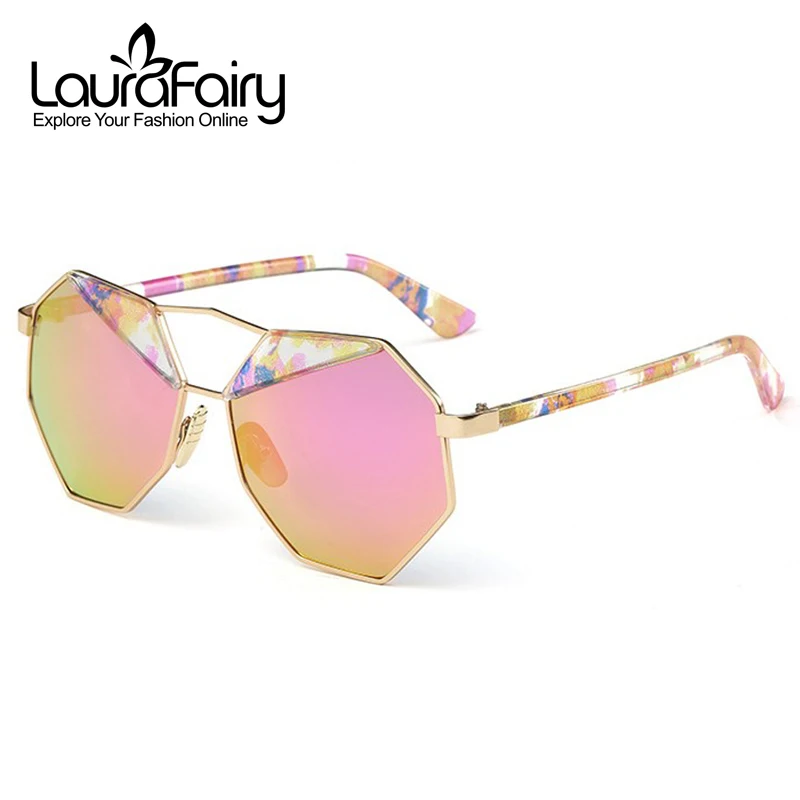 Damen Achteck Sonnenbrille Metallrahmen Retro Spiegel Farbe Linse Gold