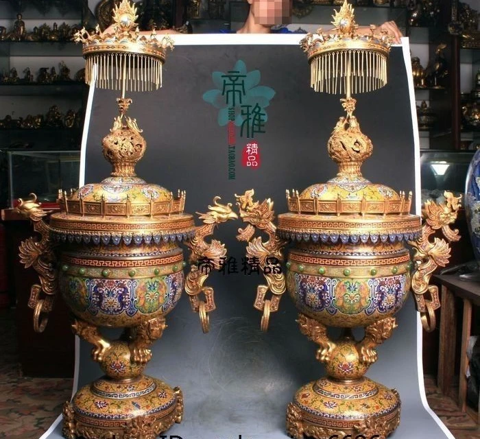 Китай Королевский медь перегородчатой 24 К золото позолоченный Дракон Феникс ладан горелки Кадило