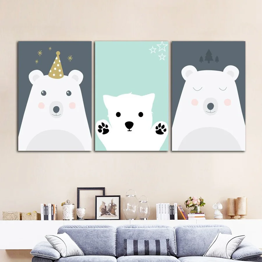 Nordic Style Cartoon Animal Bears Canvas Painting Unframed Children's Room Decoration Wall Art Poster Modular Picture | Дом и сад