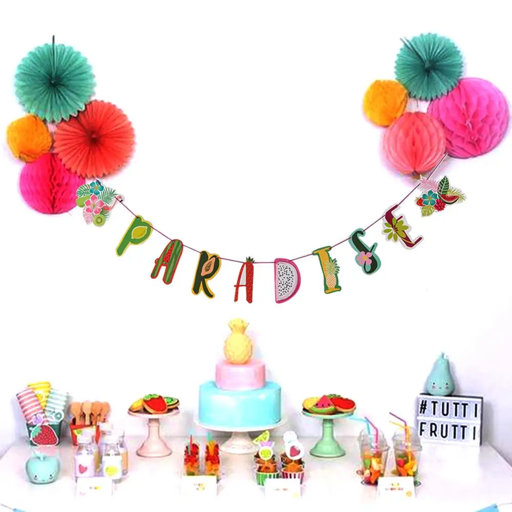 

2.5M Tropical Fruit Garland Banner Bunting Hawaiian party Flamingo Palm Leaves Beach Hawaiian Luau Summer Party Supplies